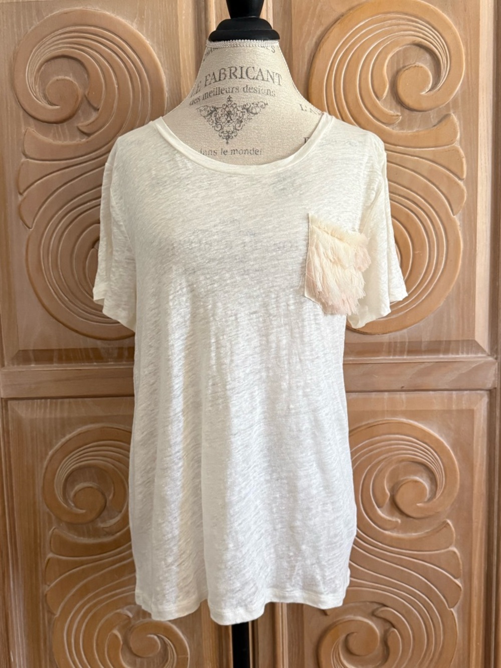 Ryan Roche for J.Crew Cream Short Sleeve Tee with Fringe Pocket Size XL